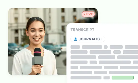 A reporter live on location, with the transcript of what she is saying building in a panel beside her