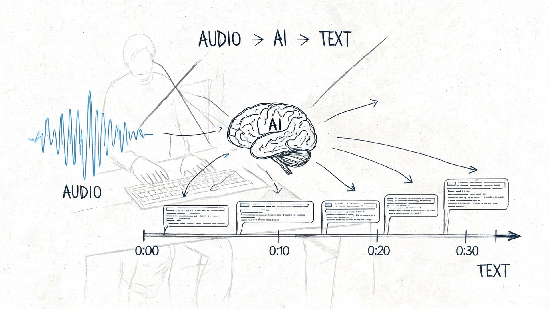 A diagram illustrating how AI converts audio waveforms from a video into time-stamped text segments.