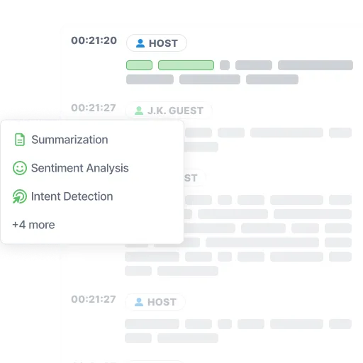 A timestamped, speaker-labelled transcript under a menu offering summarization, sentiment analysis, intent detection and four more tools
