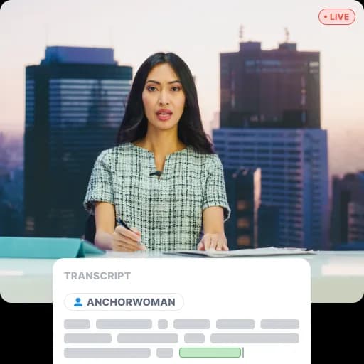 A news anchor at her desk against a city skyline on a live feed, with a transcript labelled Anchorwoman building in a panel beneath her