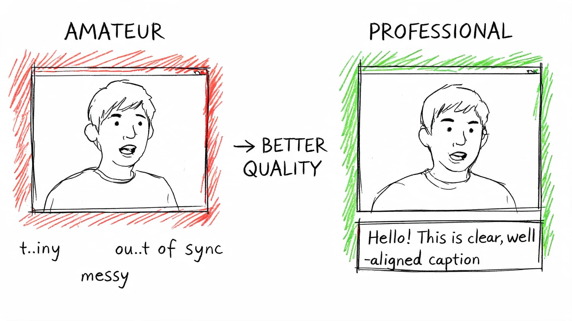 A comparison sketch illustrating the differences between amateur and professional closed captioning for video content.