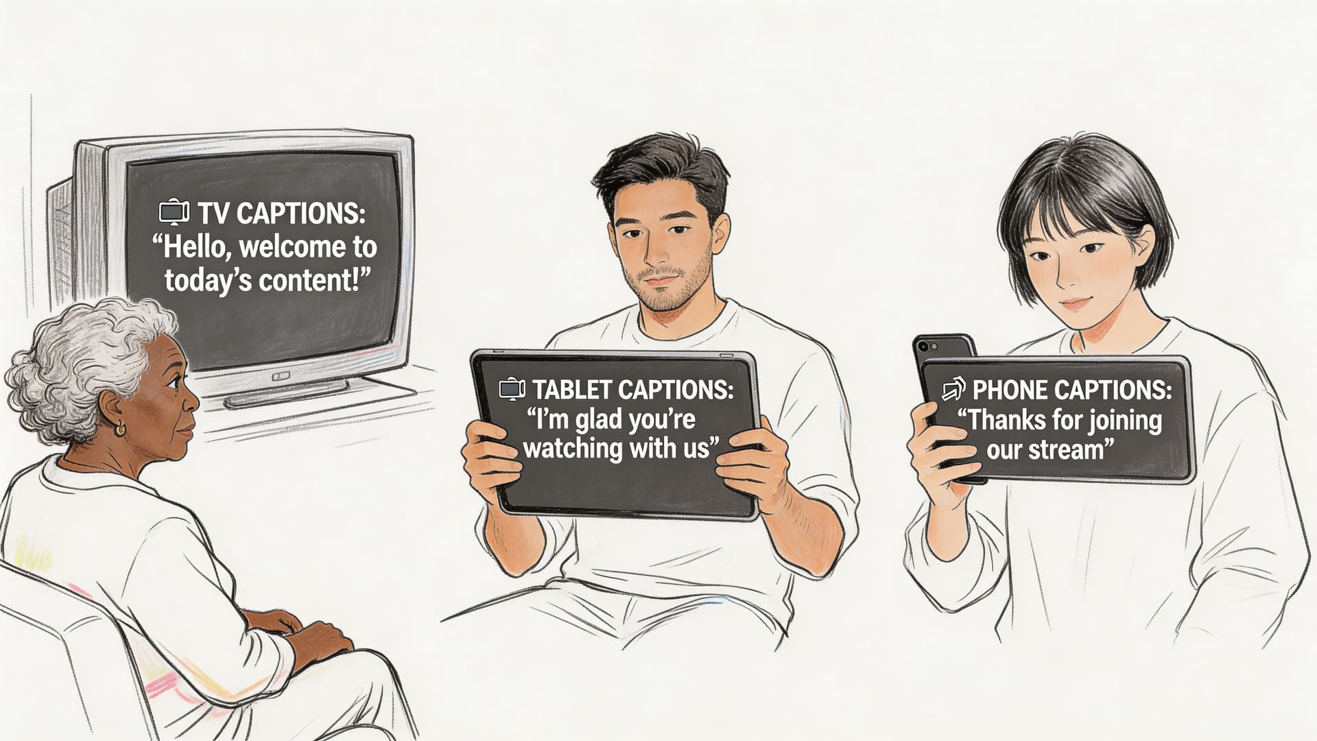 Three people watching content on a television, a tablet, and a mobile phone with closed captions displayed.