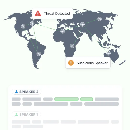 A world map with sites wired together by dotted lines, flagged for a threat and a suspicious speaker, over the transcript the flags came from