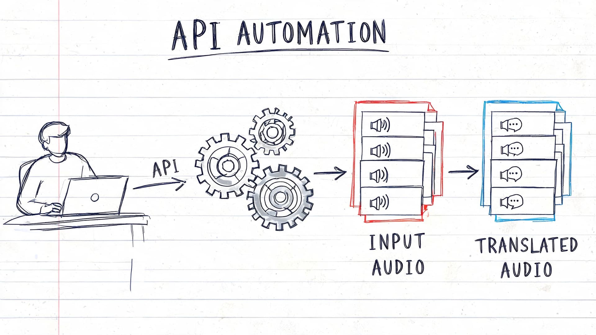A hand-drawn sketch illustrating an API automation process from input audio files to translated audio files.