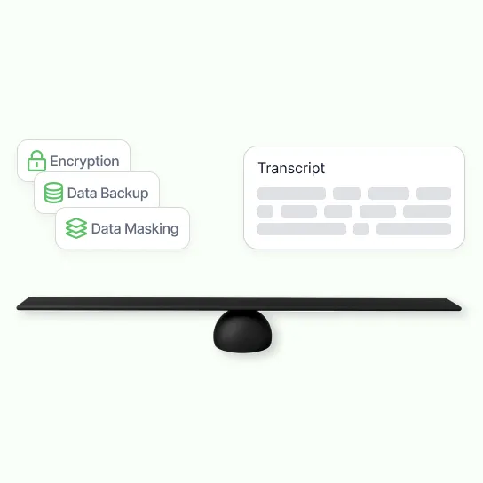 Encryption, data backup and data masking tags balanced level against a transcript on a see-saw