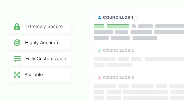 Secure, accurate, customizable and scalable claimed as four badges beside a transcript split into councillor turns