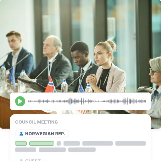Officials at a council meeting desk lined with microphones and national flags, the recording playing beneath them and the transcript labelling the Norwegian representative's turn