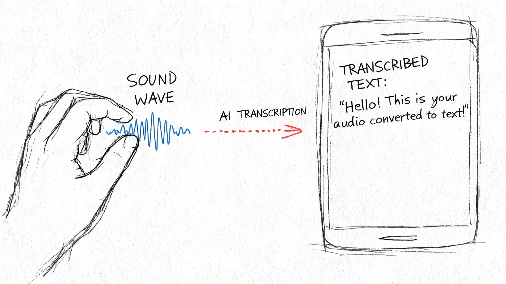 A hand holding a blue sound wave being converted into text on a smartphone screen.