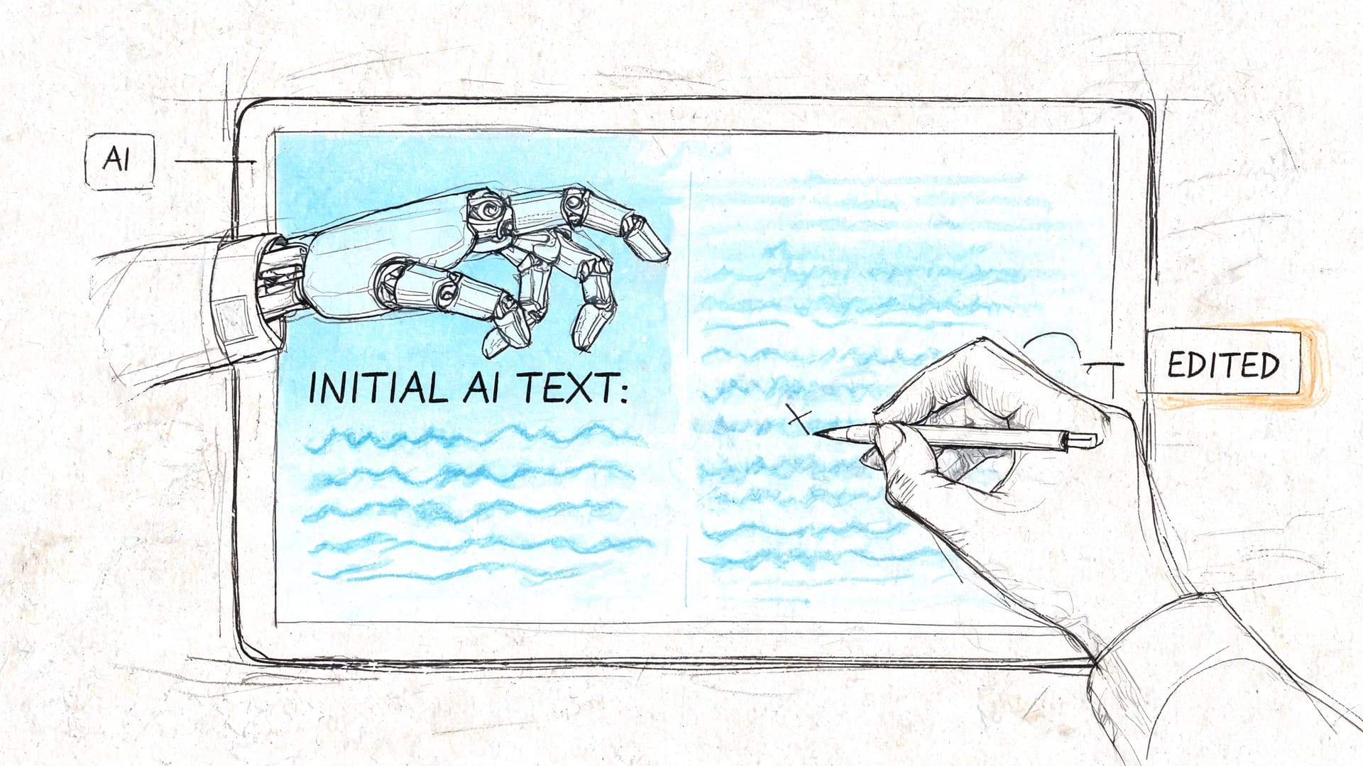 A pencil sketch of a robotic hand and a human hand editing digital text on a tablet screen.