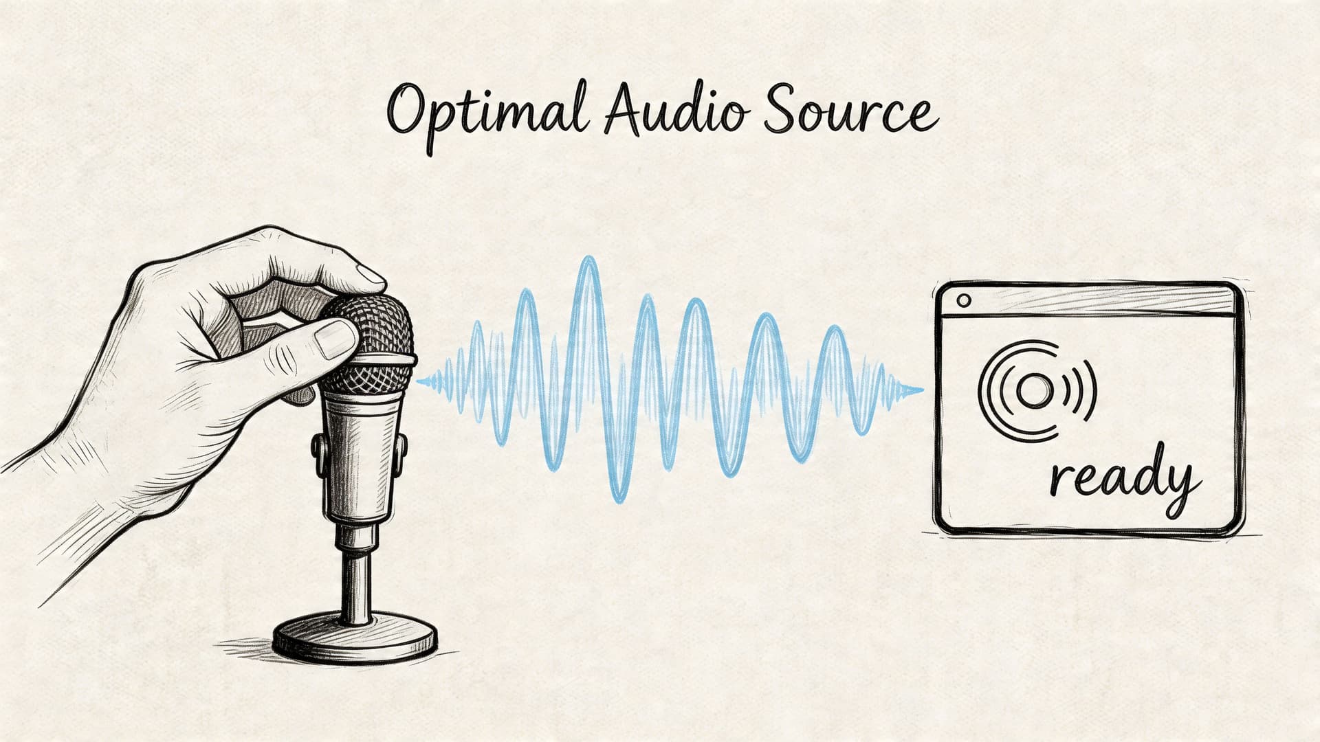 A hand holding a microphone sending audio sound waves to a tablet device displaying the word ready.