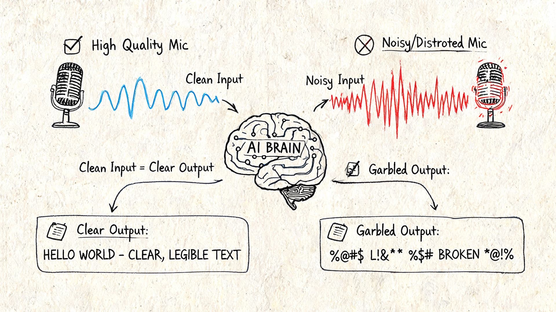 An infographic illustrating how microphone audio quality directly impacts AI transcription accuracy and output clarity.