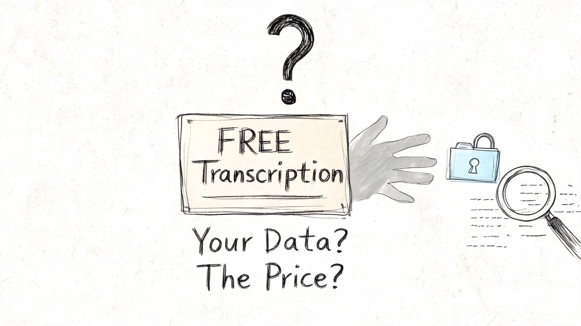 A hand reaches toward a locked file behind a sign asking about the hidden price of free transcription.