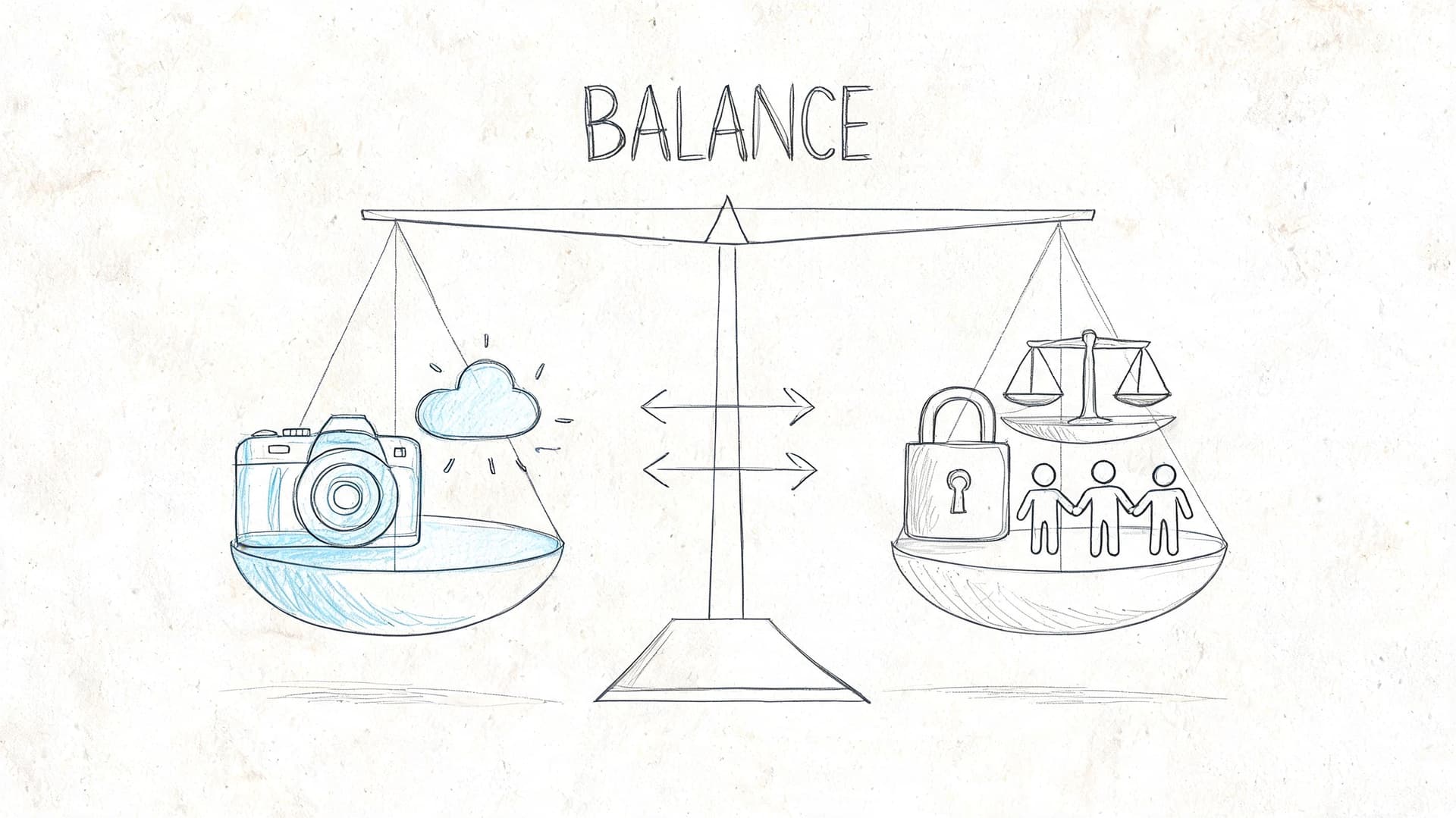 A conceptual line drawing of a balance scale contrasting a camera and cloud with a padlock and people.
