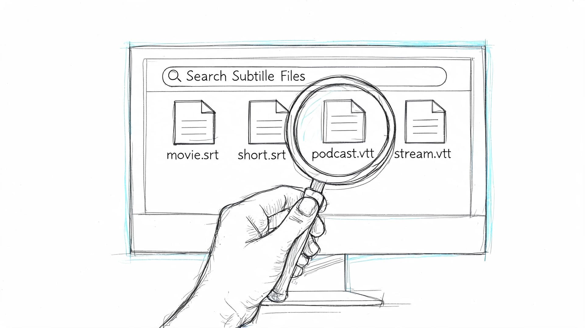A hand holds a magnifying glass over subtitle files on a computer monitor search interface.