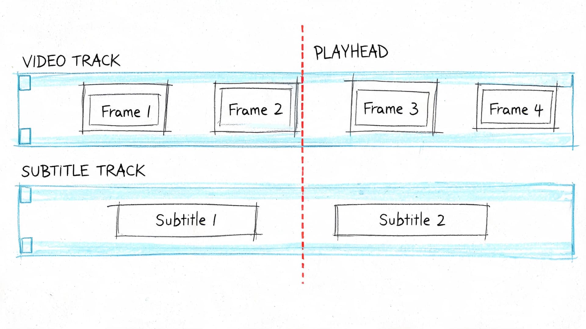 A diagram of a video editing timeline displaying a video track with frames and a subtitle track.