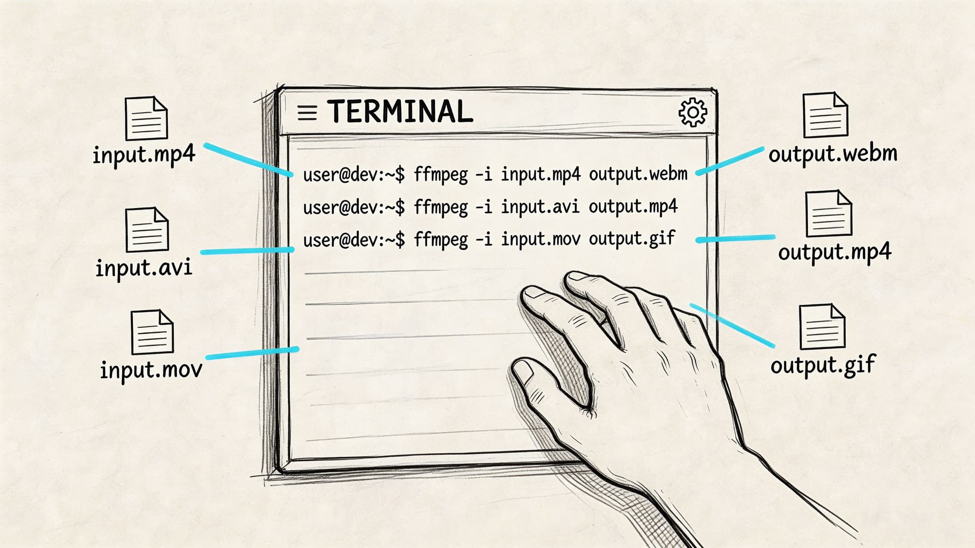 A hand interacting with a terminal showing various ffmpeg video format conversion commands.