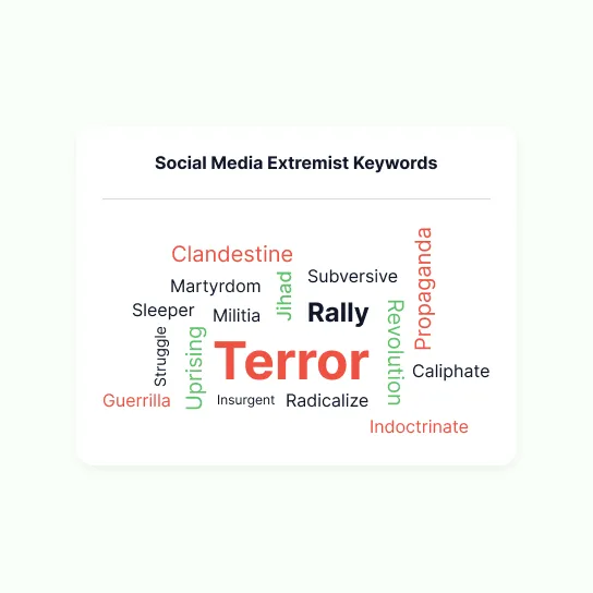 A word cloud of extremist terms pulled from social media, Terror the largest of them