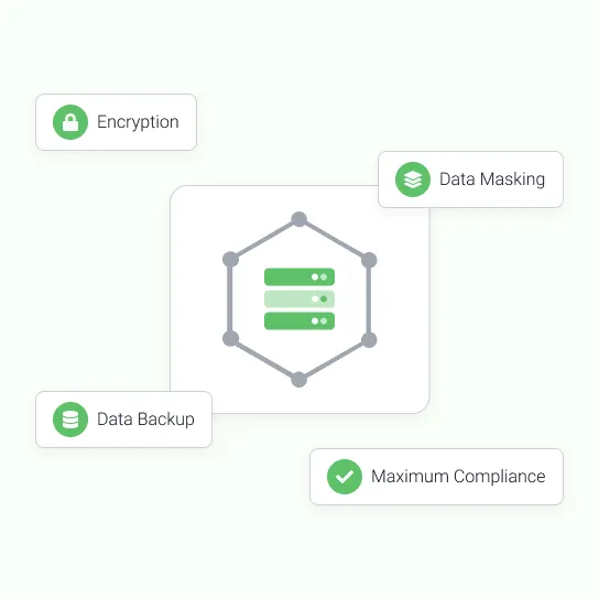 A server ringed by a hexagon, labelled with encryption, data masking, data backup and compliance