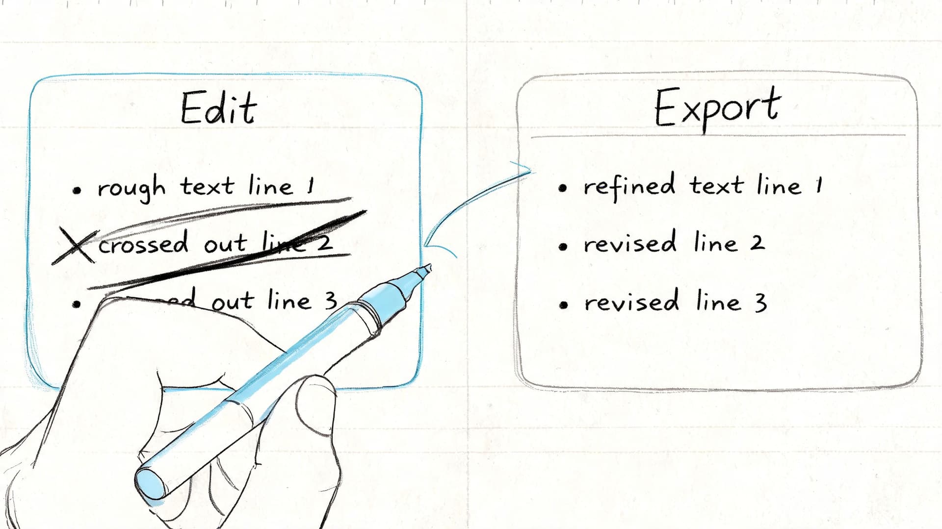 A hand holding a blue marker editing a list of text to create a refined version.