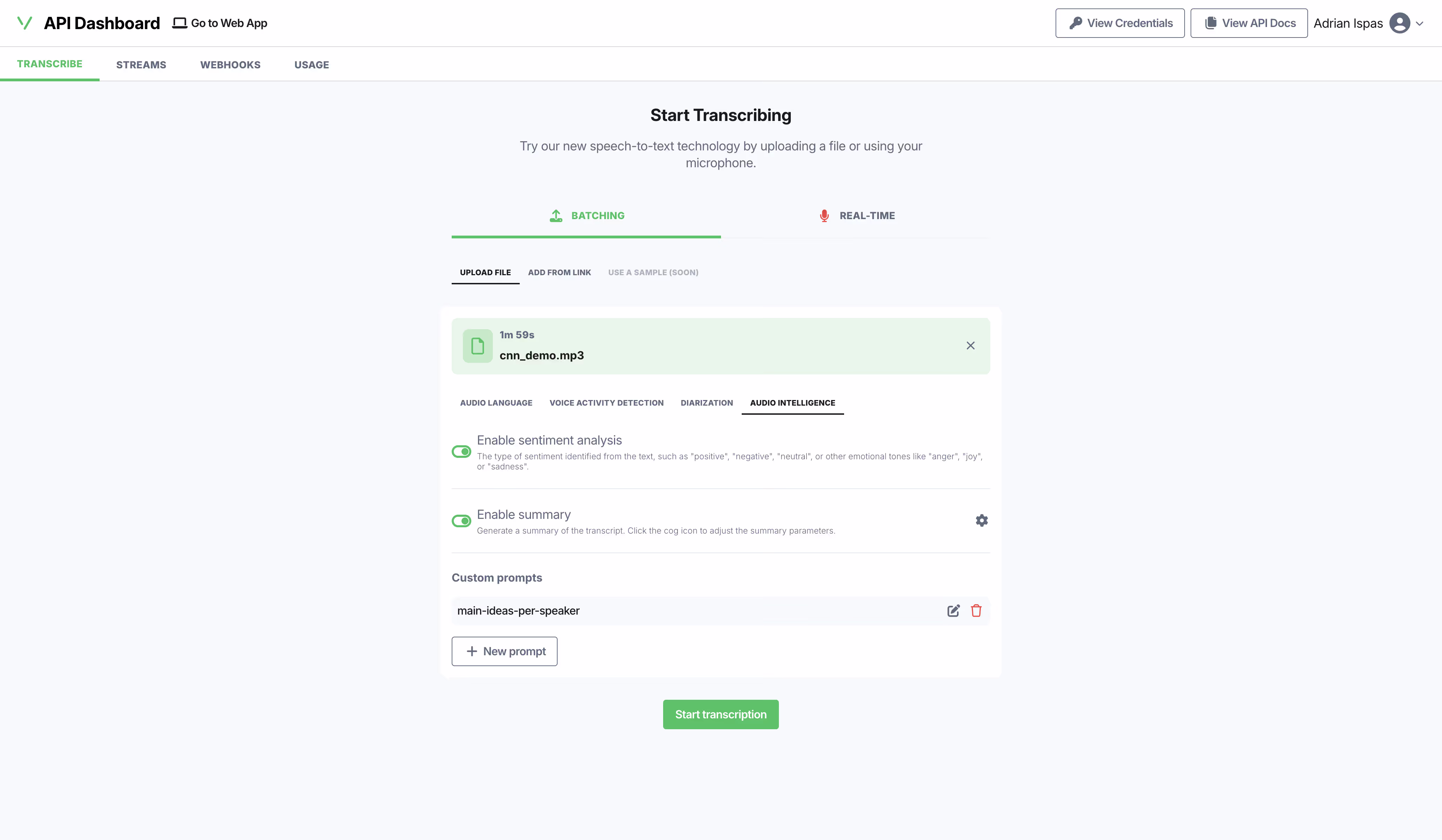 The Vatis Tech API dashboard, with an audio file staged for transcription and the diarization, sentiment, summary and custom-prompt options beside it