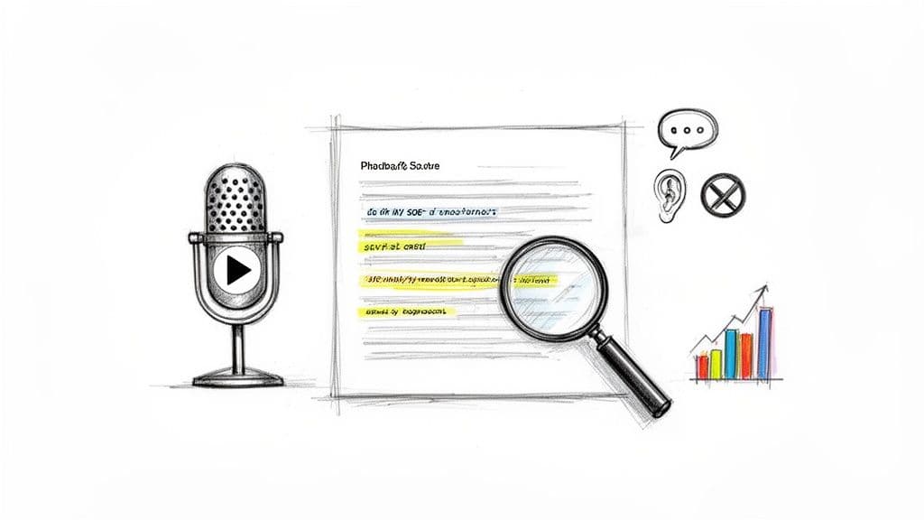 A sketch showing a microphone, a document with highlighted text, a magnifying glass, and speech/ear icons, suggesting audio transcription and analysis.