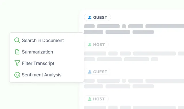 A transcript split into speaker turns, beside search, summarization, filter and sentiment analysis controls