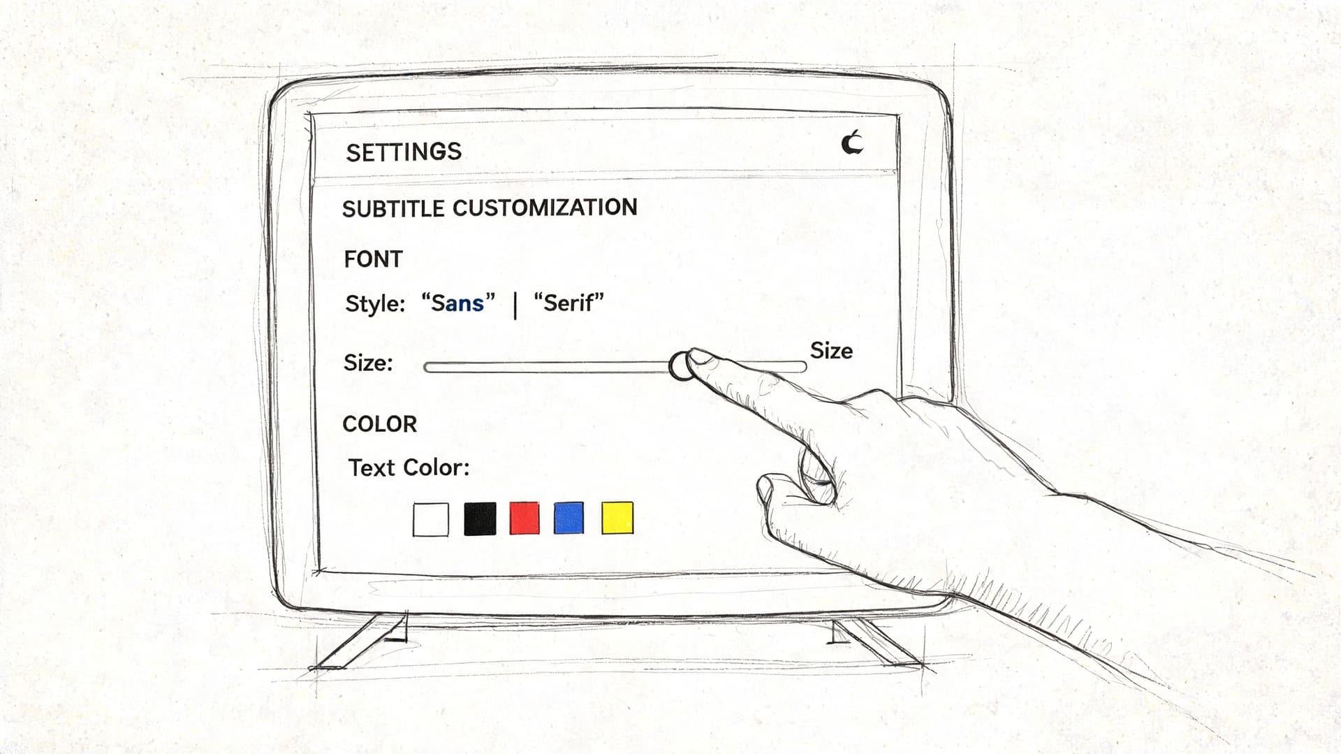 A hand adjusts a slider on an Apple TV screen for customizing subtitle font and color settings.