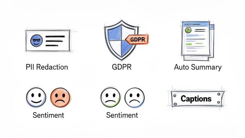 Six sketch-style icons representing PII Redaction, GDPR, Auto Summary, Sentiment analysis, and Captions.