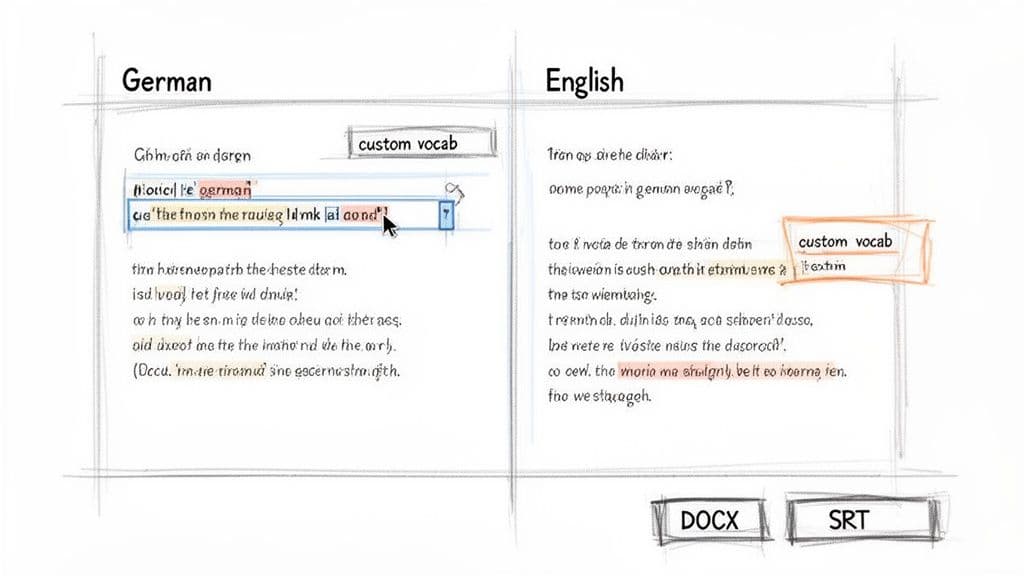 A translation interface showing German and English text, custom vocabulary input, and export options like DOCX and SRT.