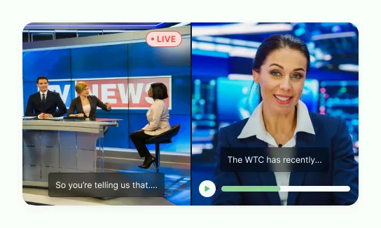 A live studio panel and a recorded interview side by side, each running its own subtitle line