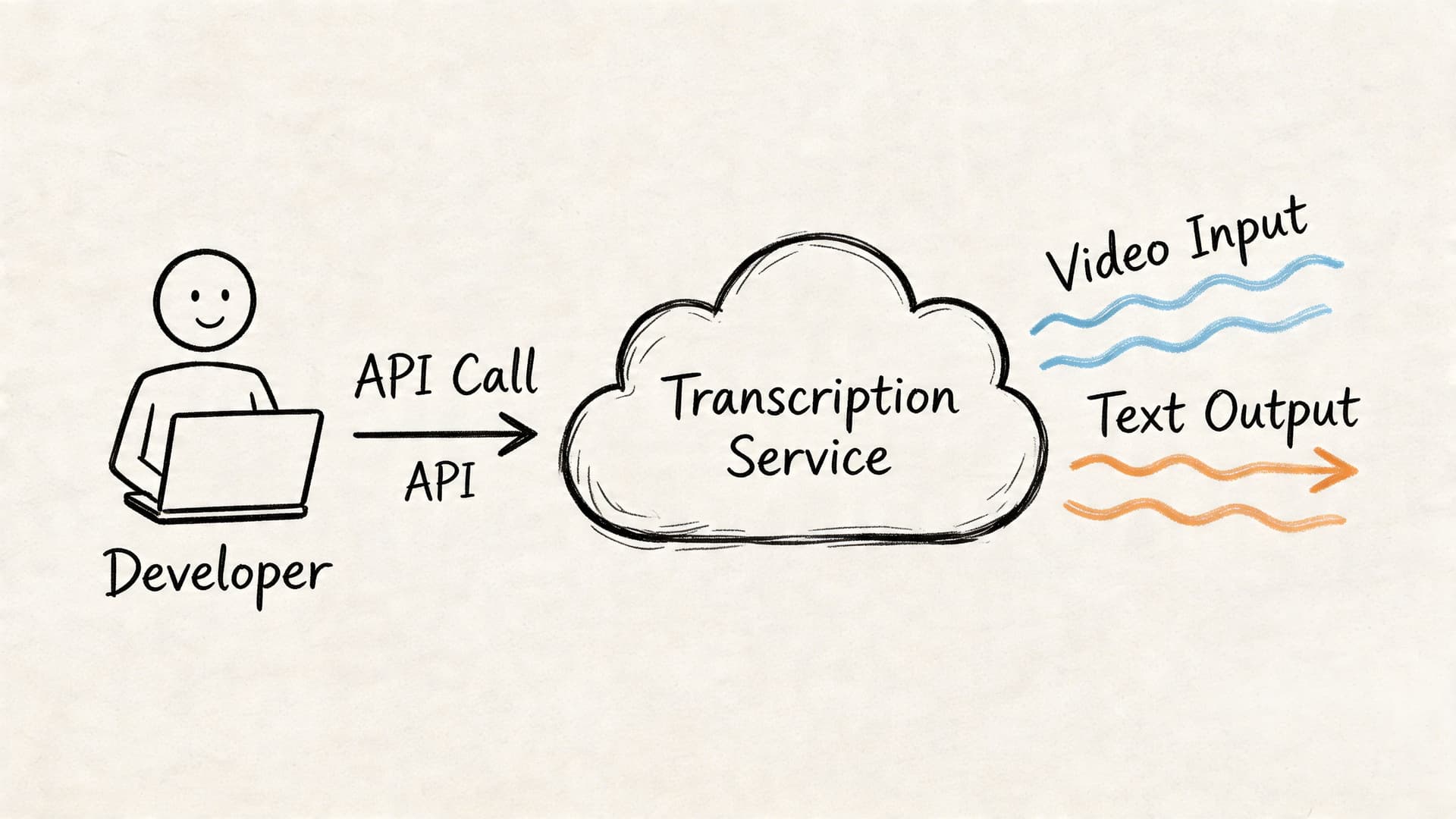 A hand-drawn illustration showing a developer making an API call to a cloud transcription service for video.