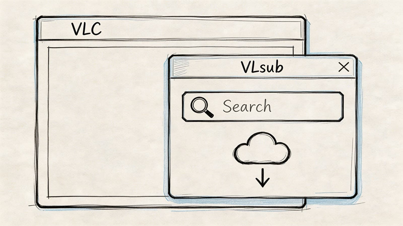 A hand-drawn sketch illustration of a VLC media player window with an open VLsub subtitle downloader popup.