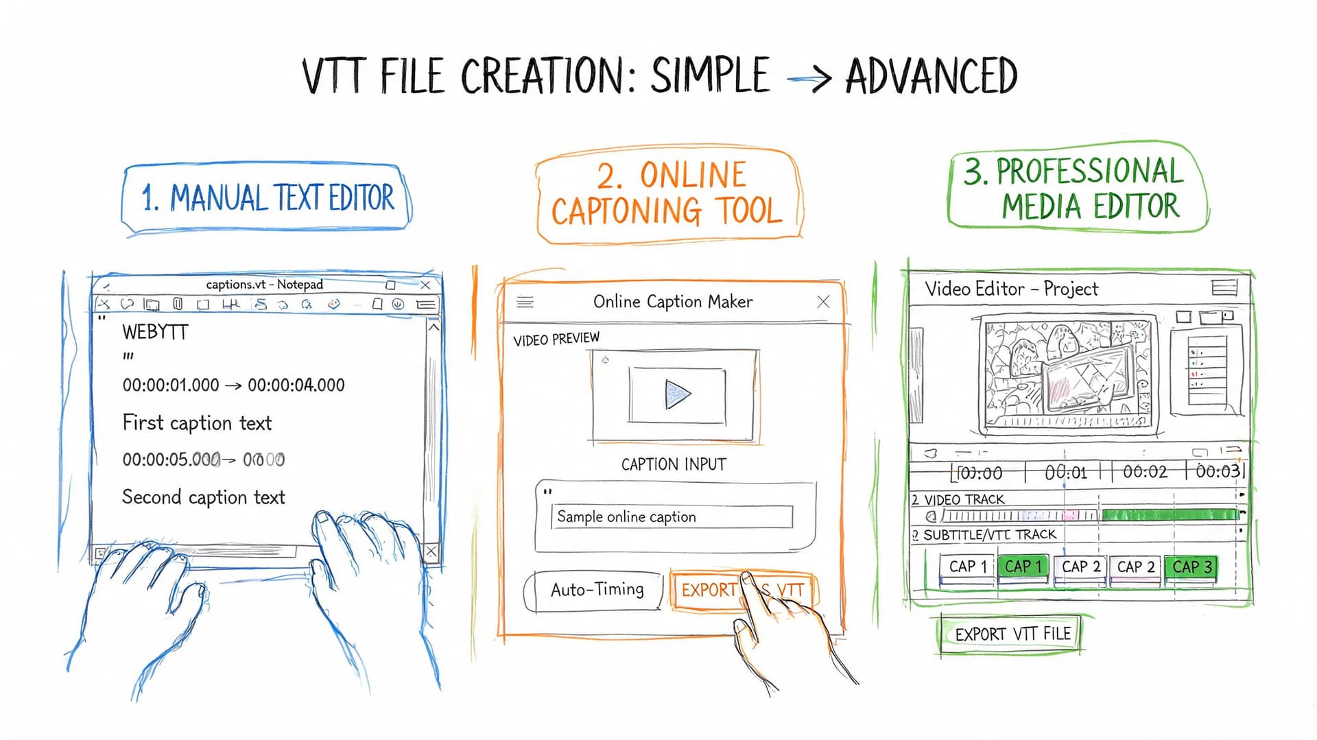 A hand-drawn illustration showing three methods for creating VTT files, from manual editing to professional software.