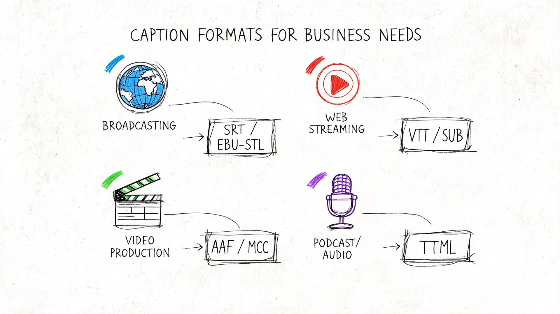 A diagram illustrating common caption file formats used for broadcasting, web streaming, video production, and podcasting.
