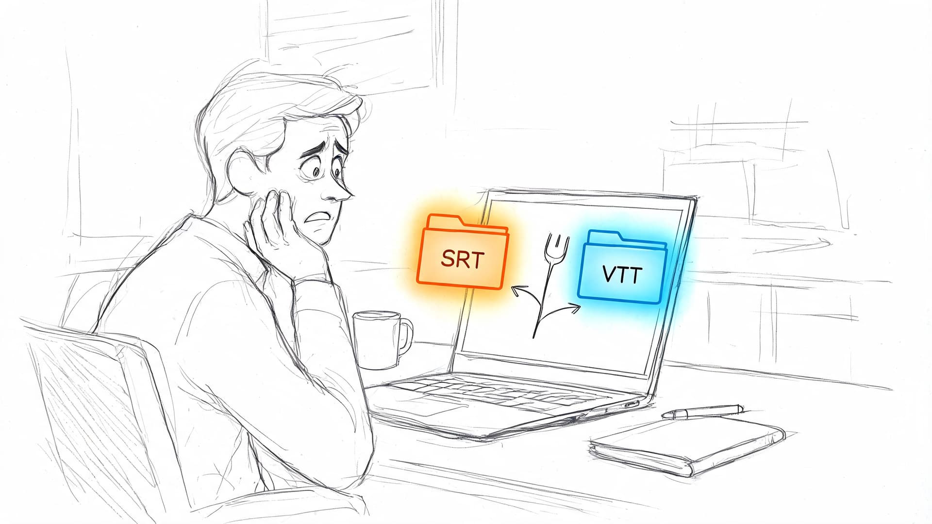 A concerned person sitting at a laptop deciding between SRT and VTT subtitle file formats.