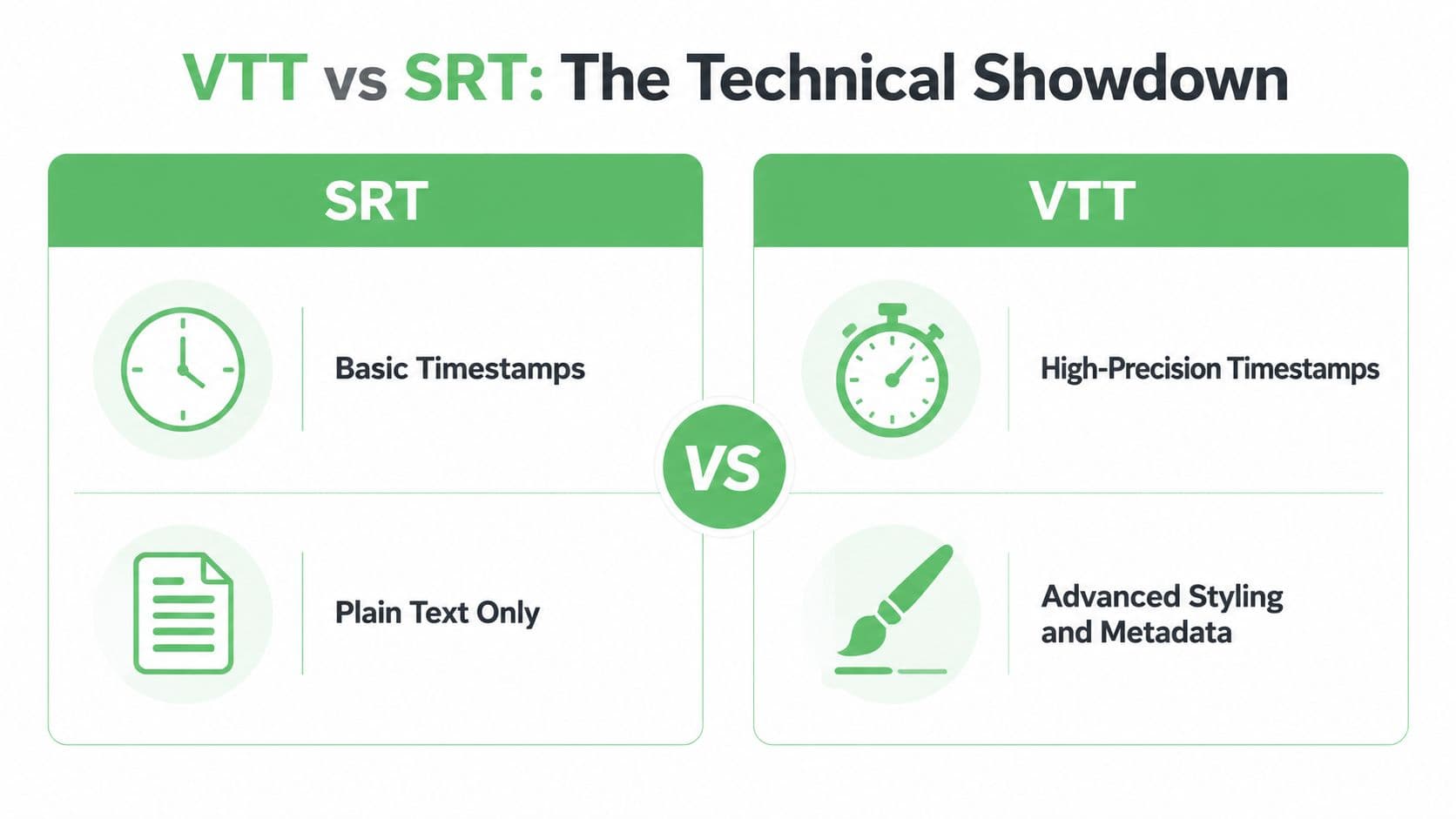 A comparison infographic showing the technical differences between SRT and VTT subtitle file formats.