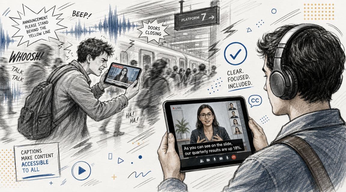 A person wearing headphones uses a tablet with closed captions to focus in a noisy train station.