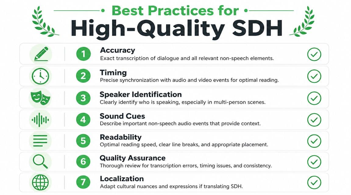 A list of seven best practices for creating high-quality SDH subtitles for accessibility and clarity.