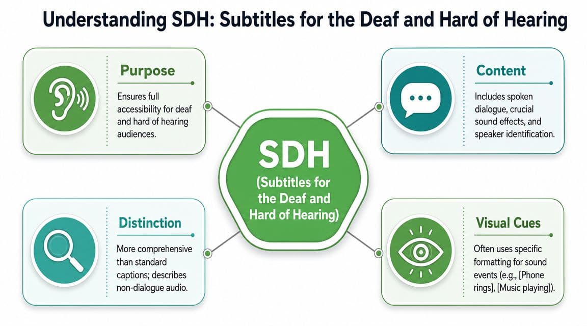 A diagram explaining SDH subtitles for the deaf and hard of hearing, highlighting purpose, content, distinction, and cues.