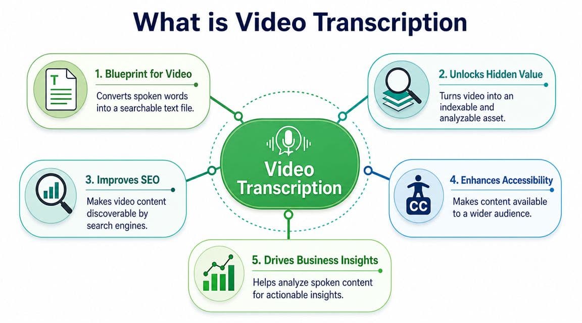 A diagram illustrating the five main benefits of video transcription for content creators and business owners.