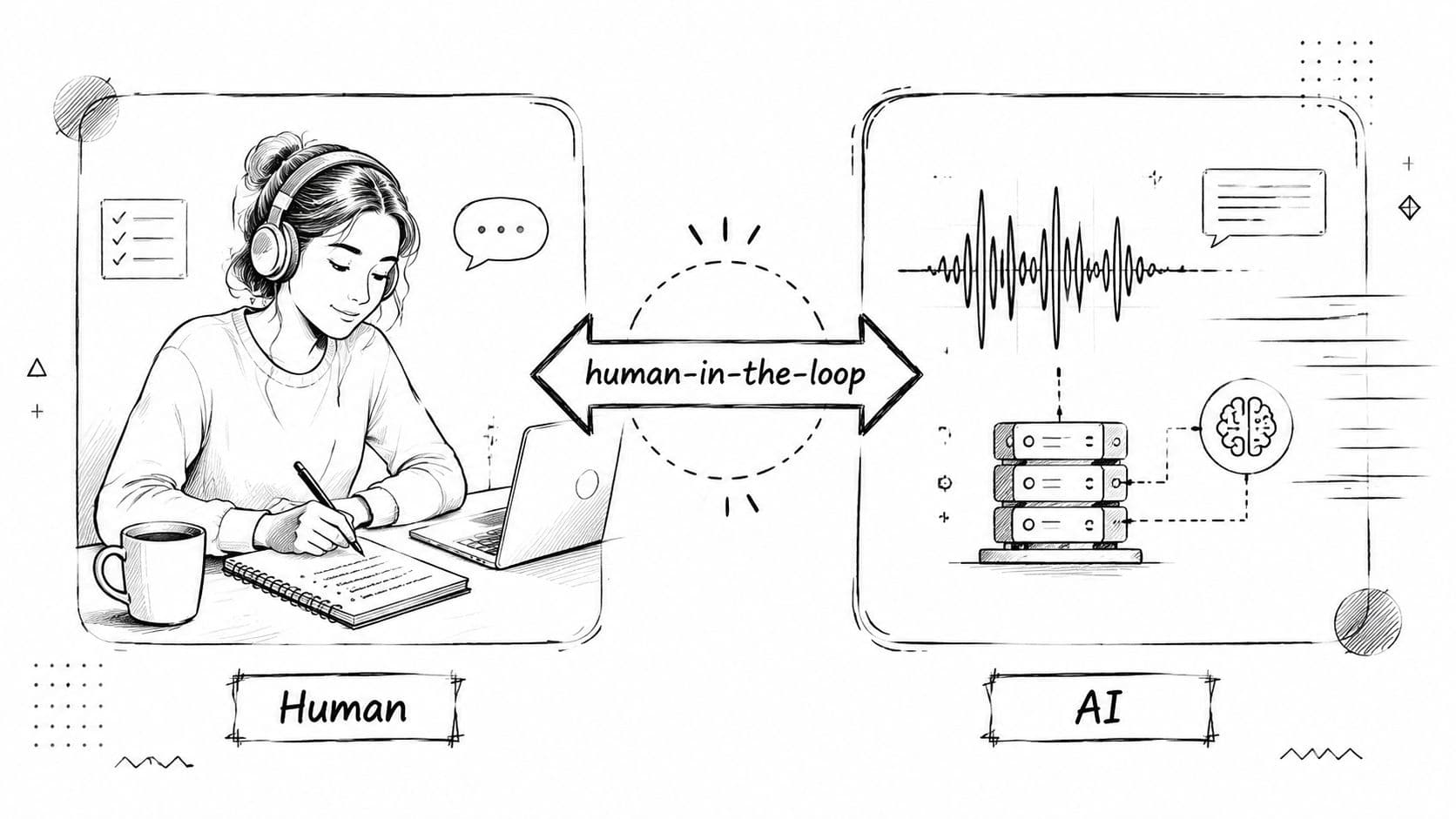 A conceptual sketch illustrating a human-in-the-loop workflow between a human worker and an AI system.