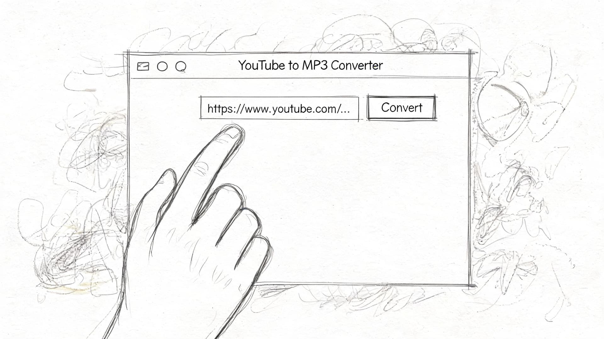 A hand points at a digital interface for a YouTube to MP3 converter in a sketch style.