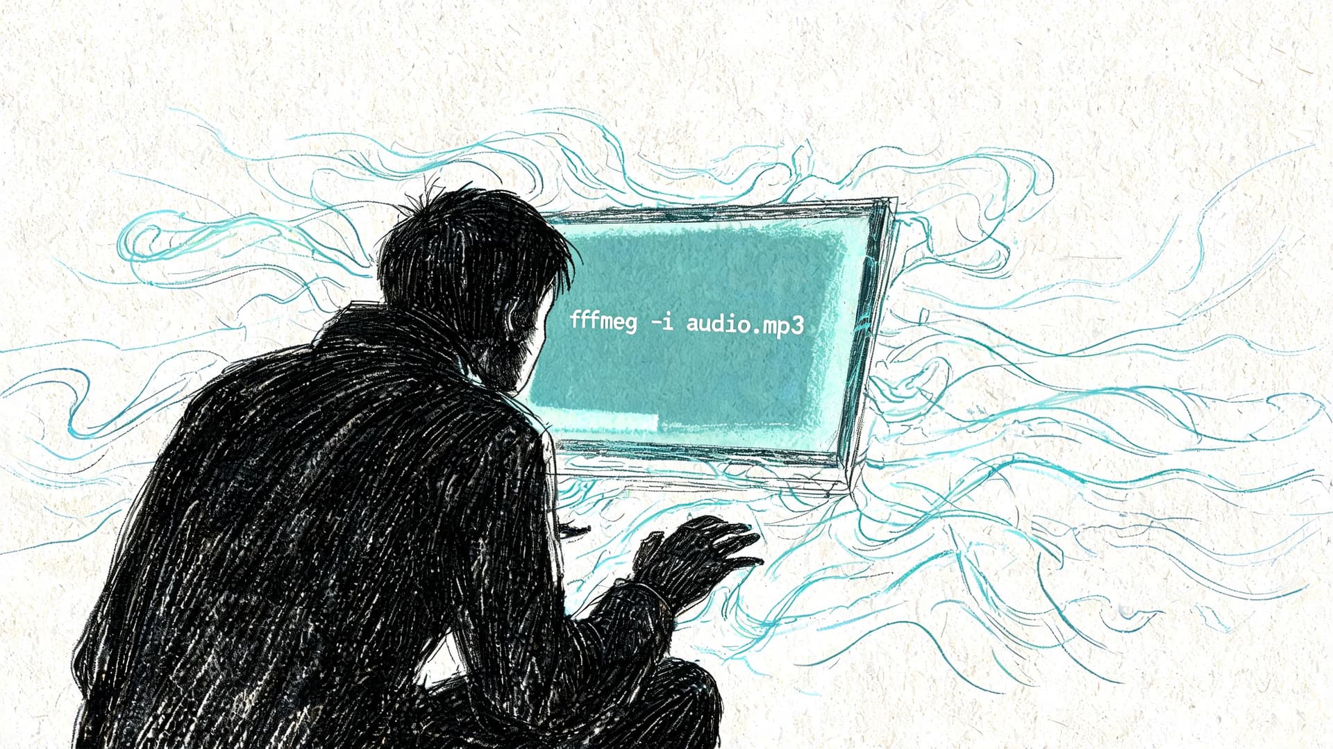 A charcoal sketch of a person working on a computer displaying a command line audio processing command.