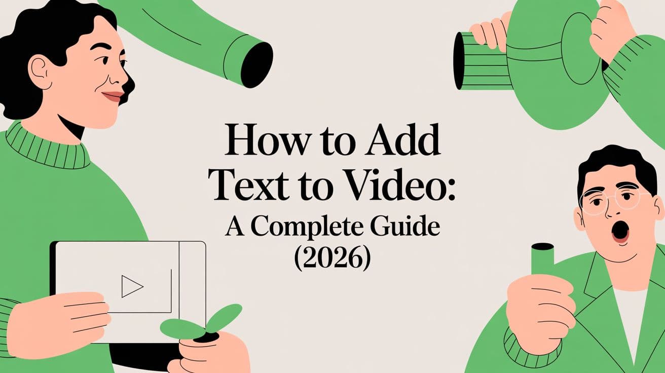 Title card flanked by two illustrated people in green, one holding a tablet showing a video play button