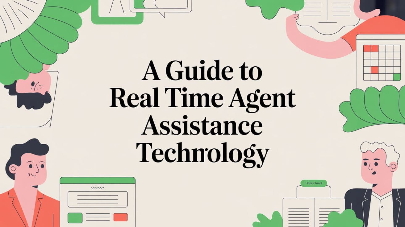 Flat illustration of support agents, screens and a calendar around the article title on a cream background.